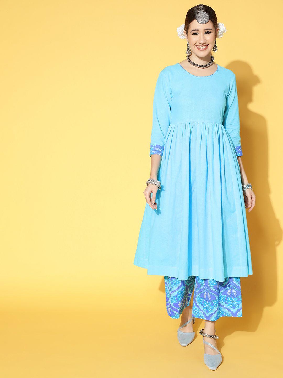 sangria women blue ethnic motifs pleated pure cotton a-line kurta with palazzos