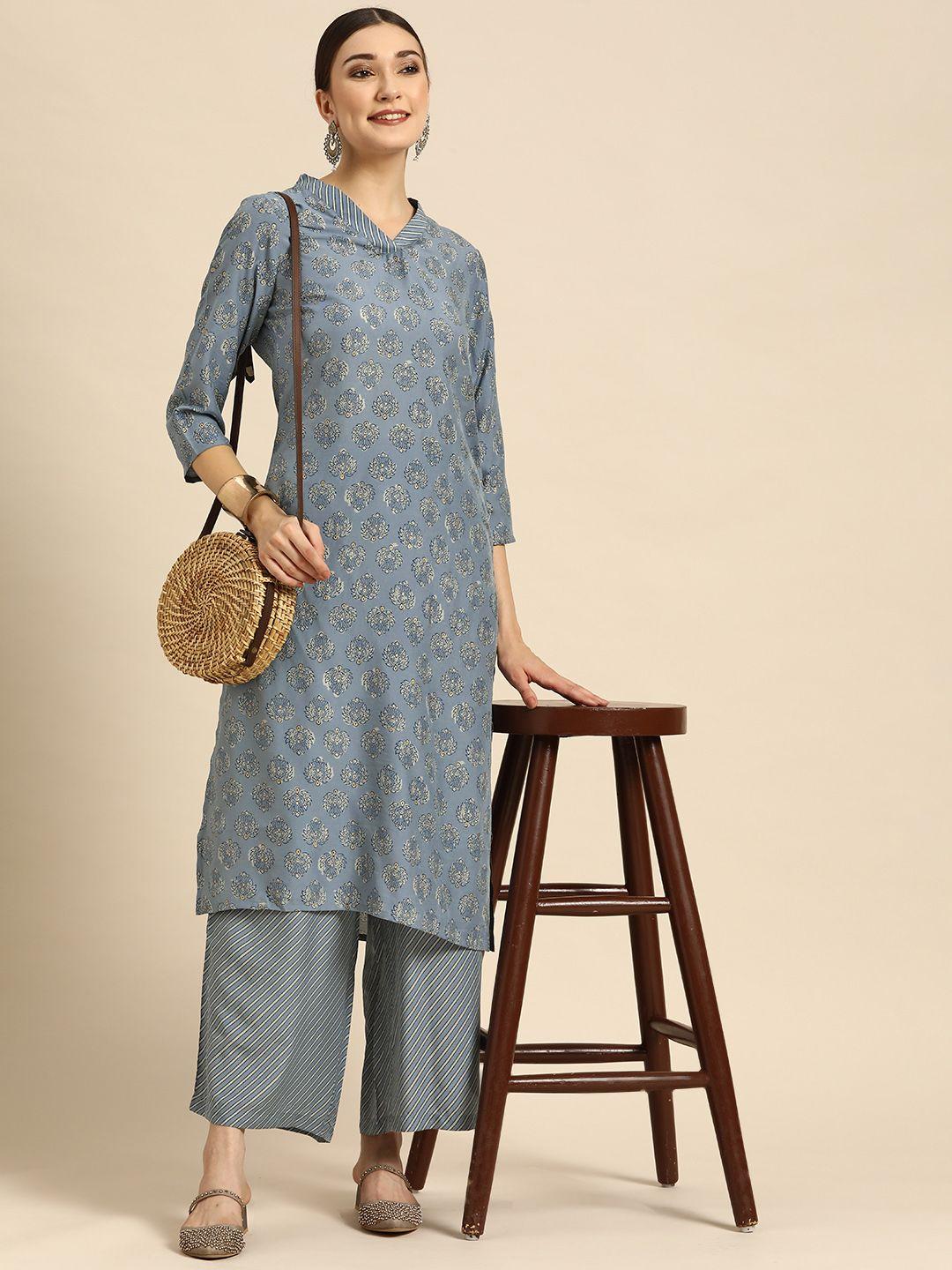sangria women blue ethnic motifs printed kurta with trousers