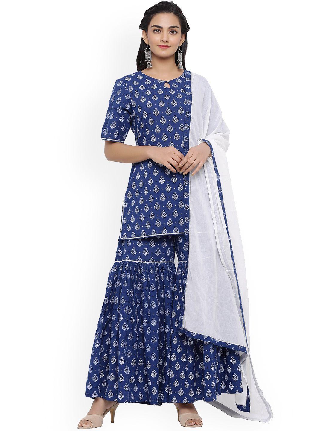 sangria women blue ethnic motifs printed regular pure cotton kurta with sharara & dupatta