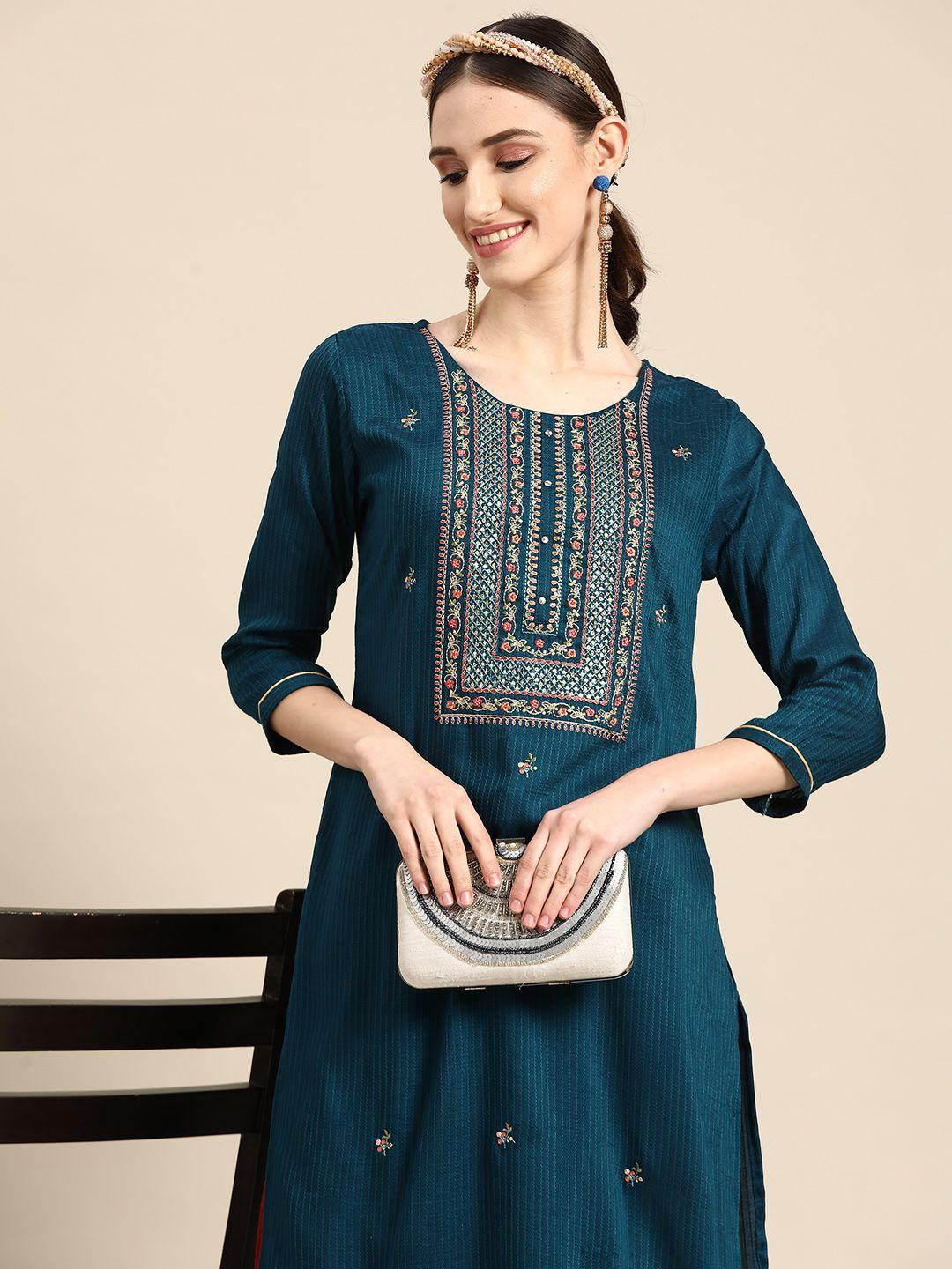 sangria women blue floral embroidered kurta