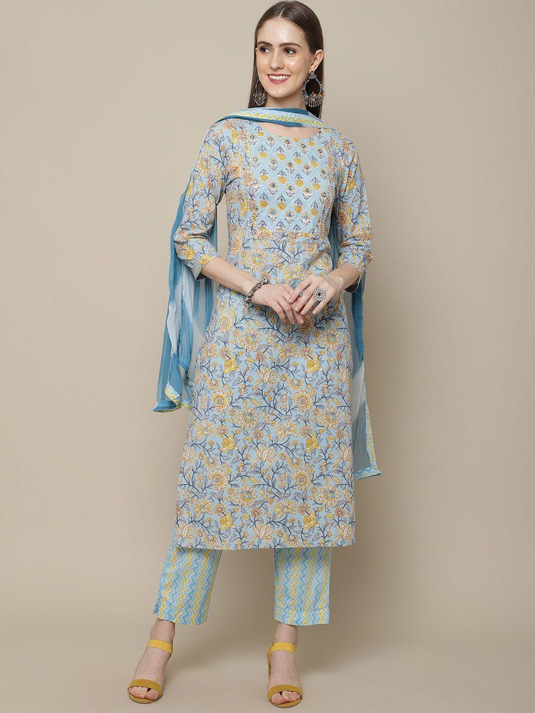 sangria women blue floral printed gotta patti pure cotton kurta with trousers
