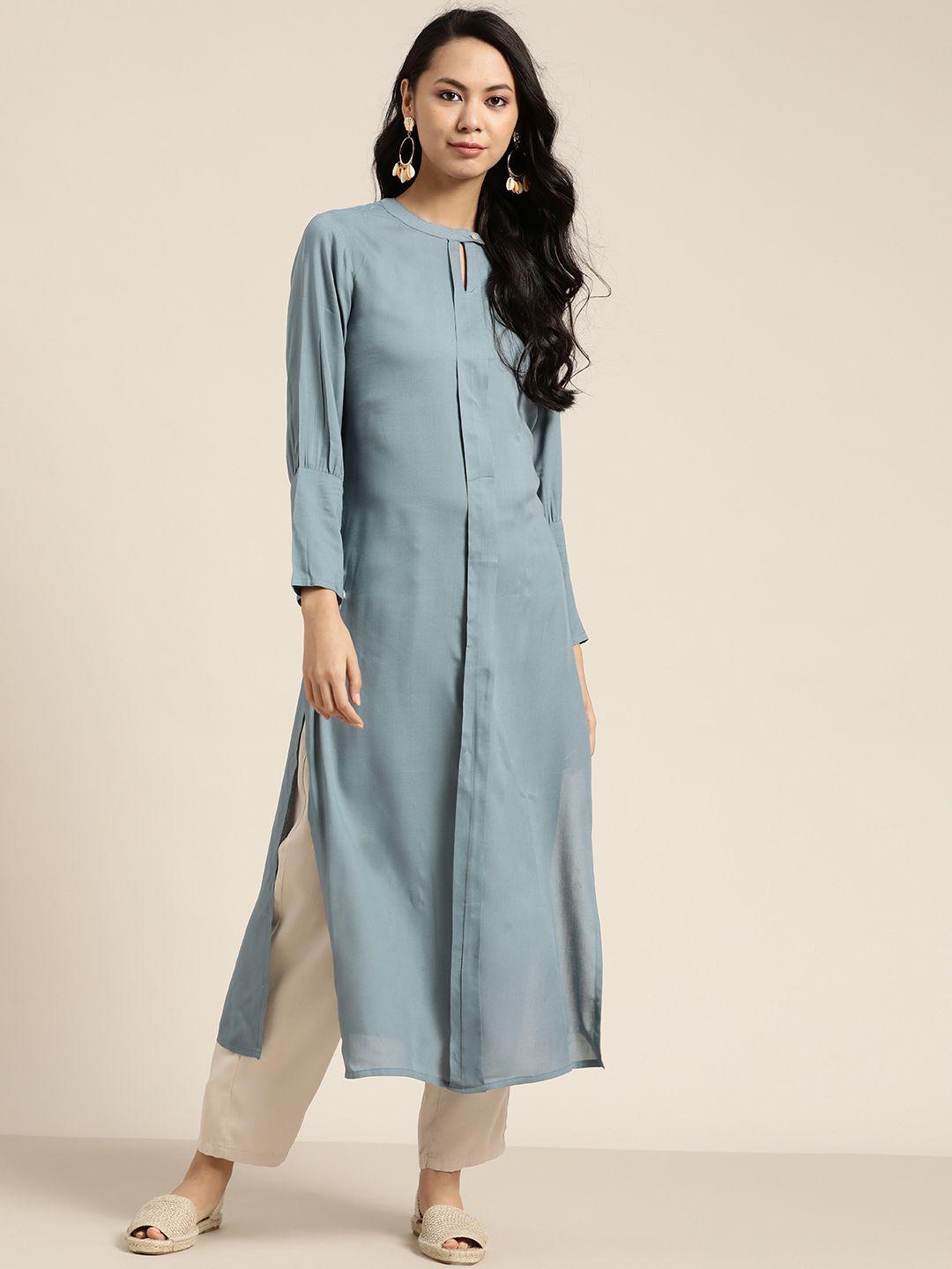 sangria women blue keyhole neck kurta