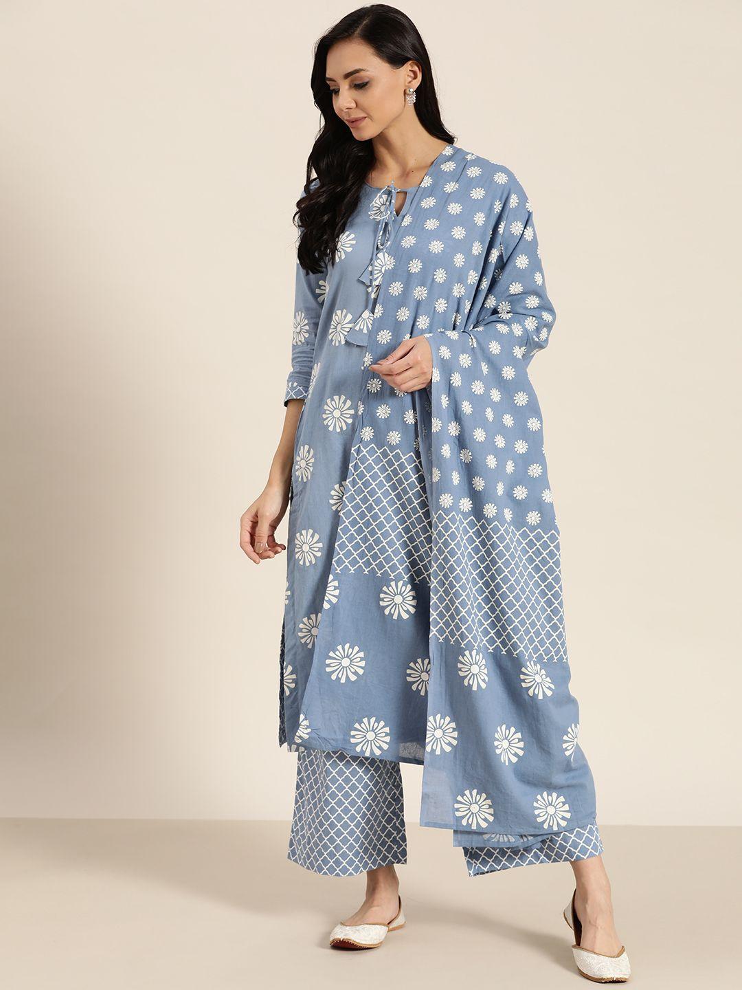 sangria women blue motifs print regular cotton straight kurta with palazzos & dupatta
