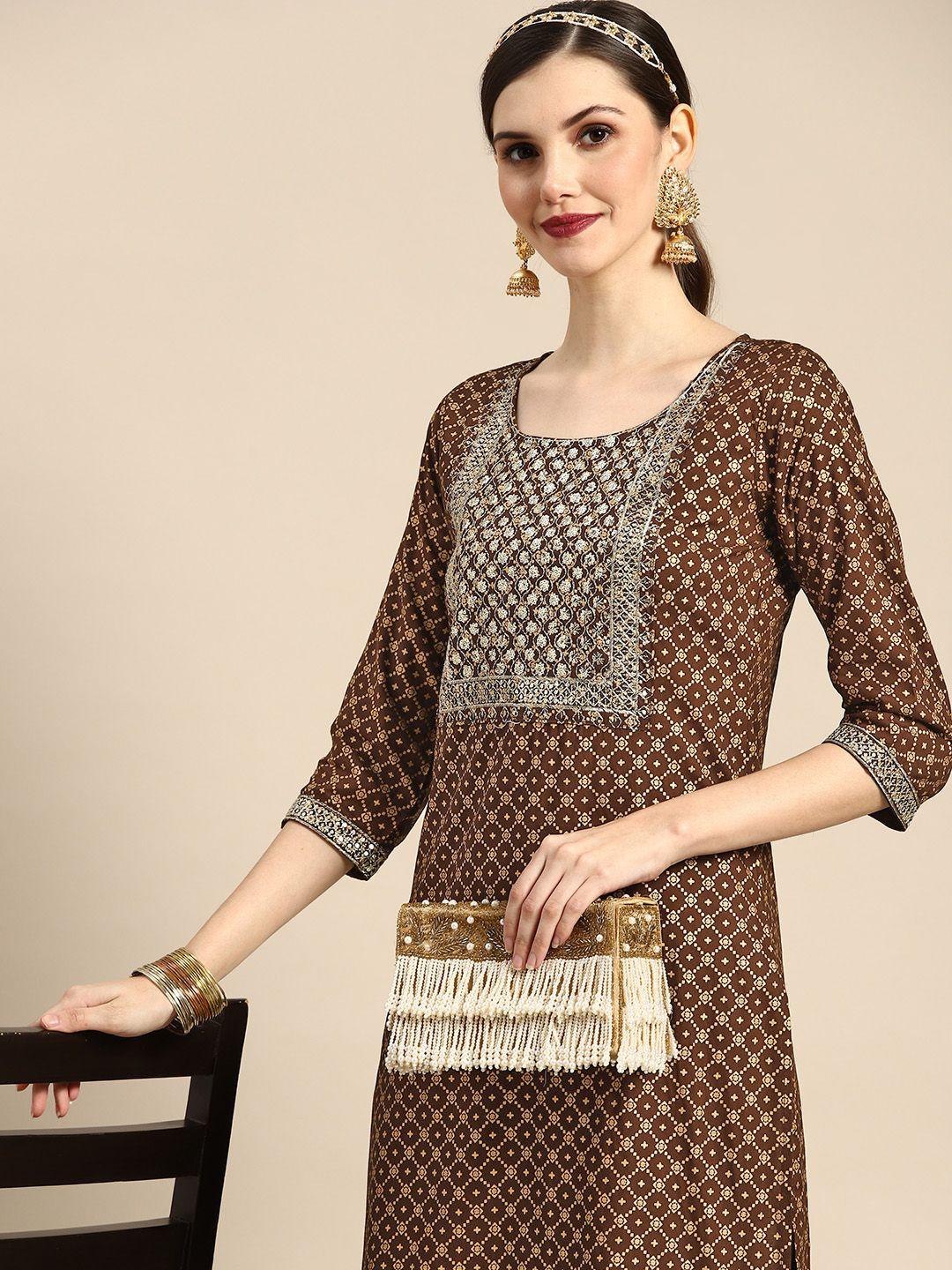 sangria women brown & golden geometric embroidered kurta