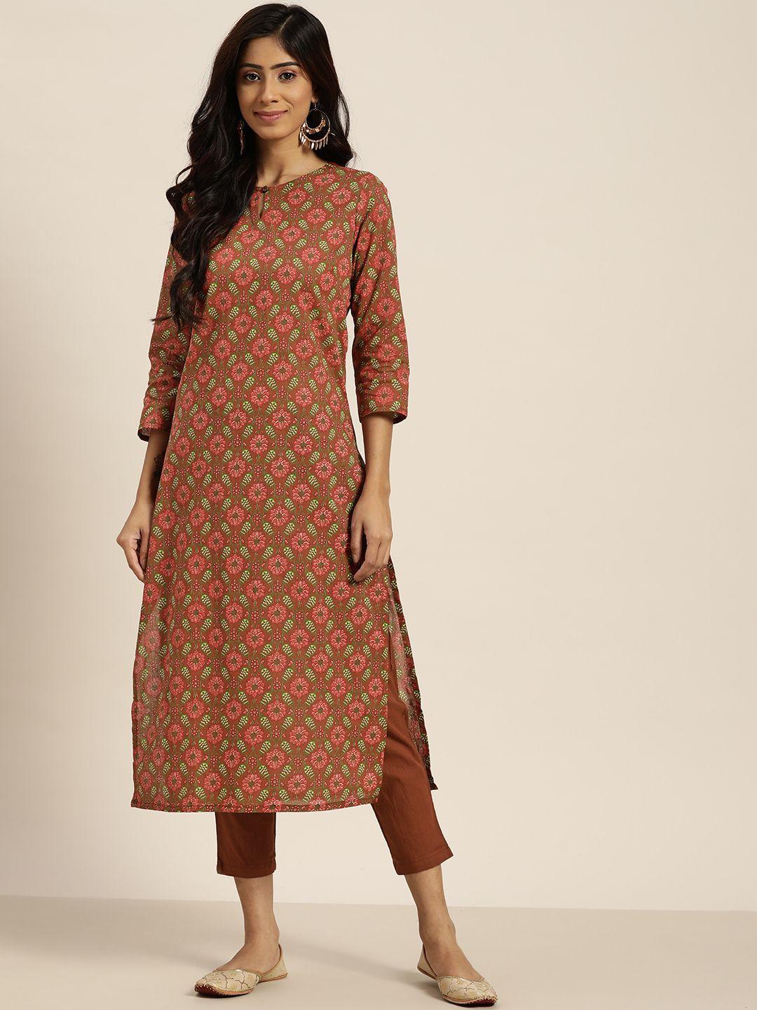 sangria women brown & pink motifs print pure cotton straight kurta with trousers