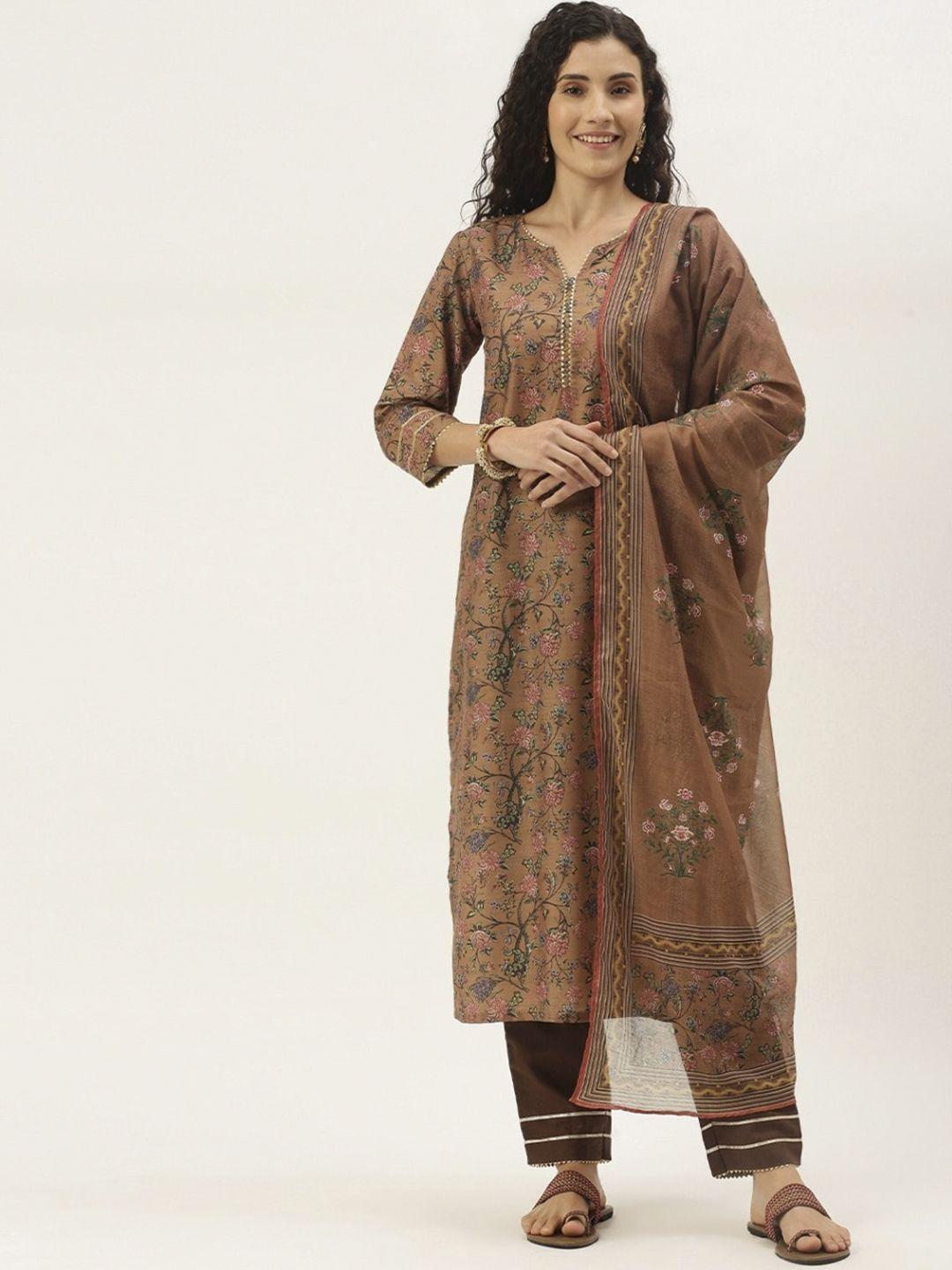 sangria women brown ethnic motifs printed regular gotta patti kurta with trousers & with dupatta