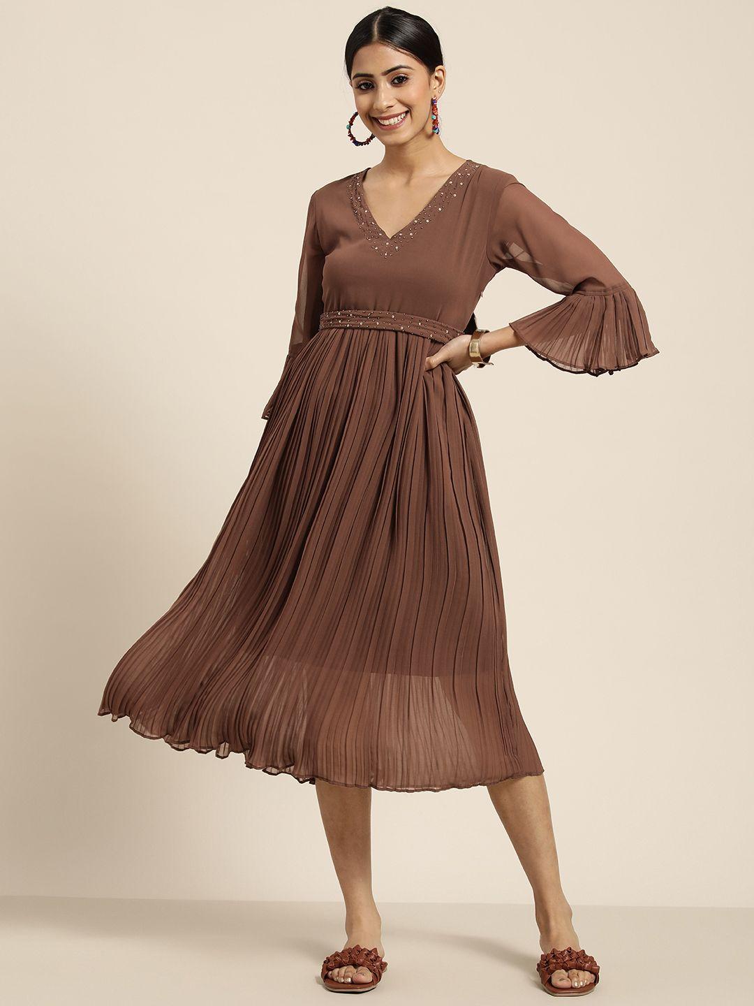 sangria women brown solid embellished georgette a-line maxi dress