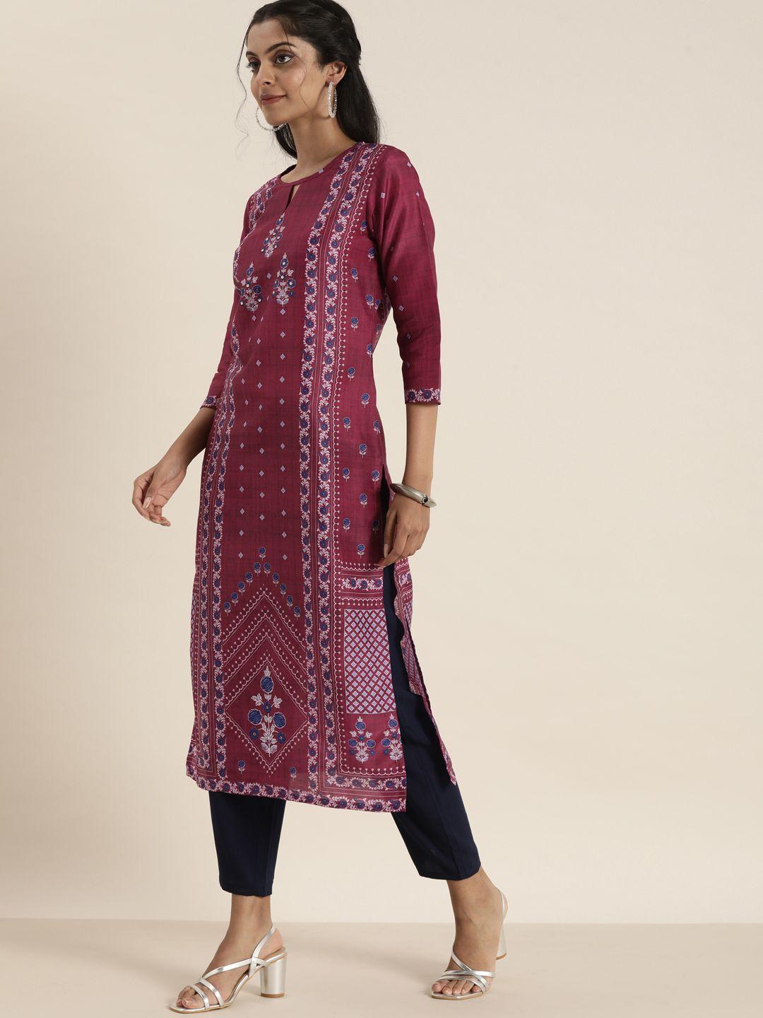 sangria women burgundy & blue ethnic motifs printed keyhole neck kurta with sequence