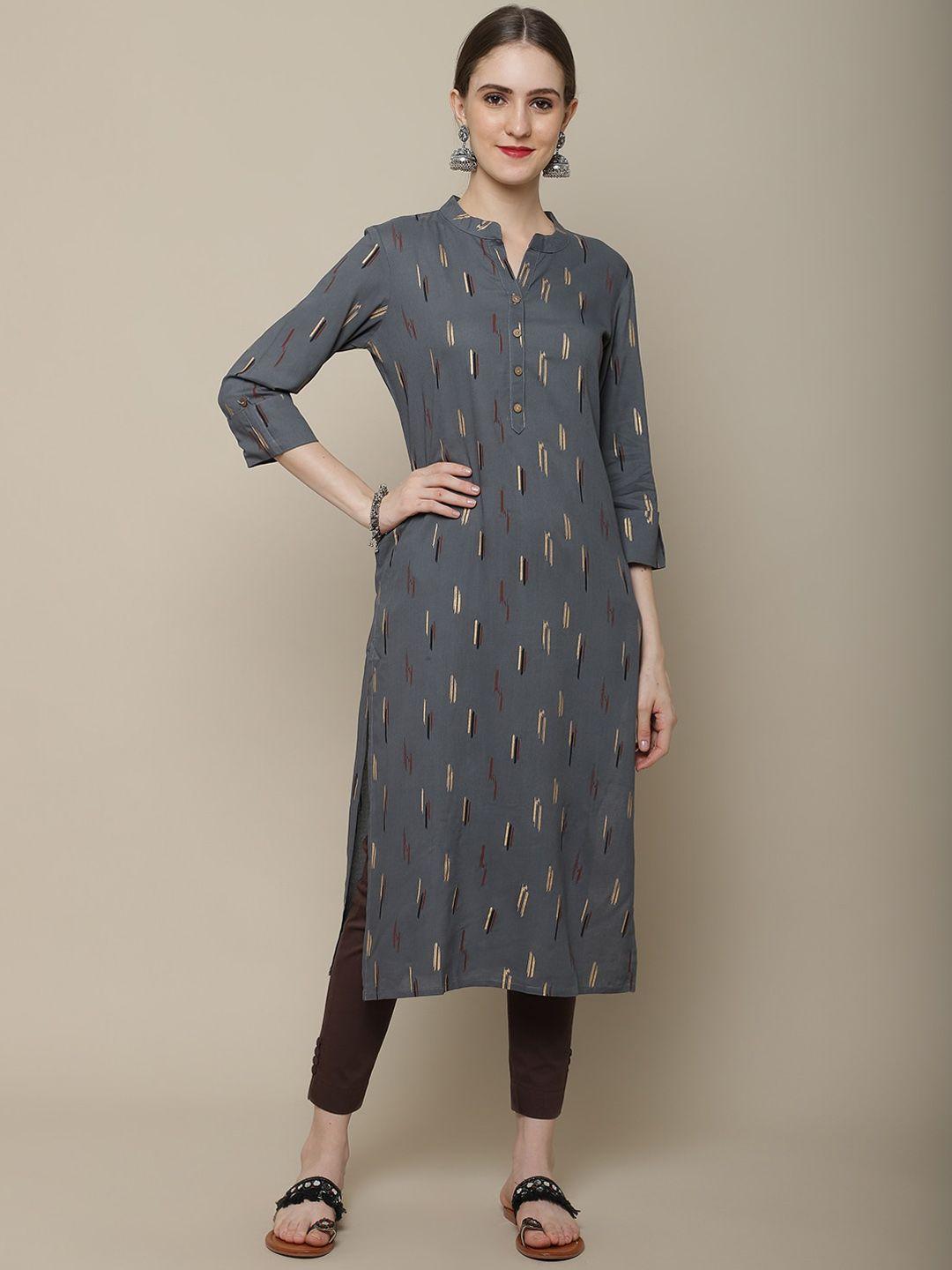 sangria women charcoal grey & beige printed straight kurta