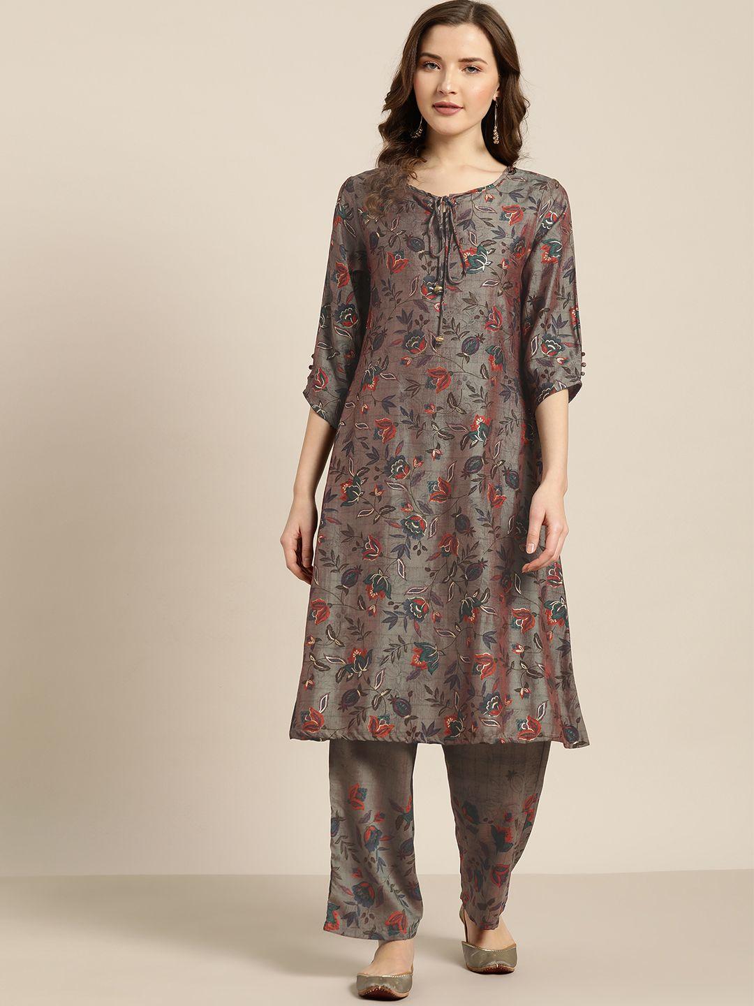 sangria women charcoal grey & orange printed kurta with trousers