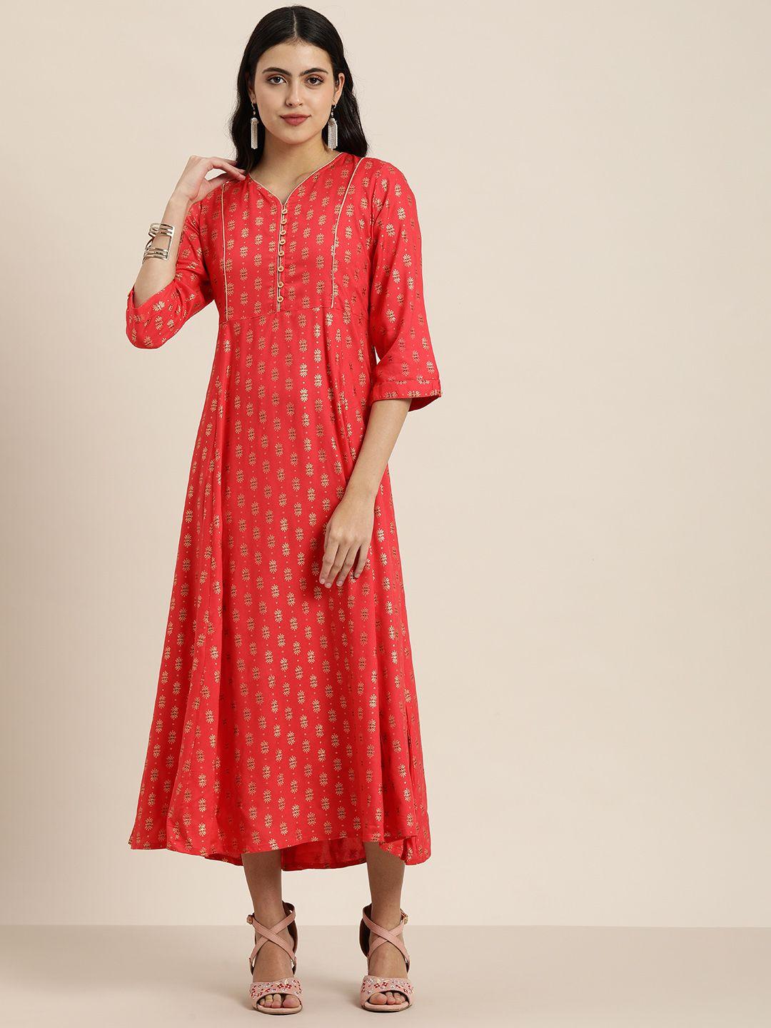 sangria women coral pink ethnic motifs printed kurta