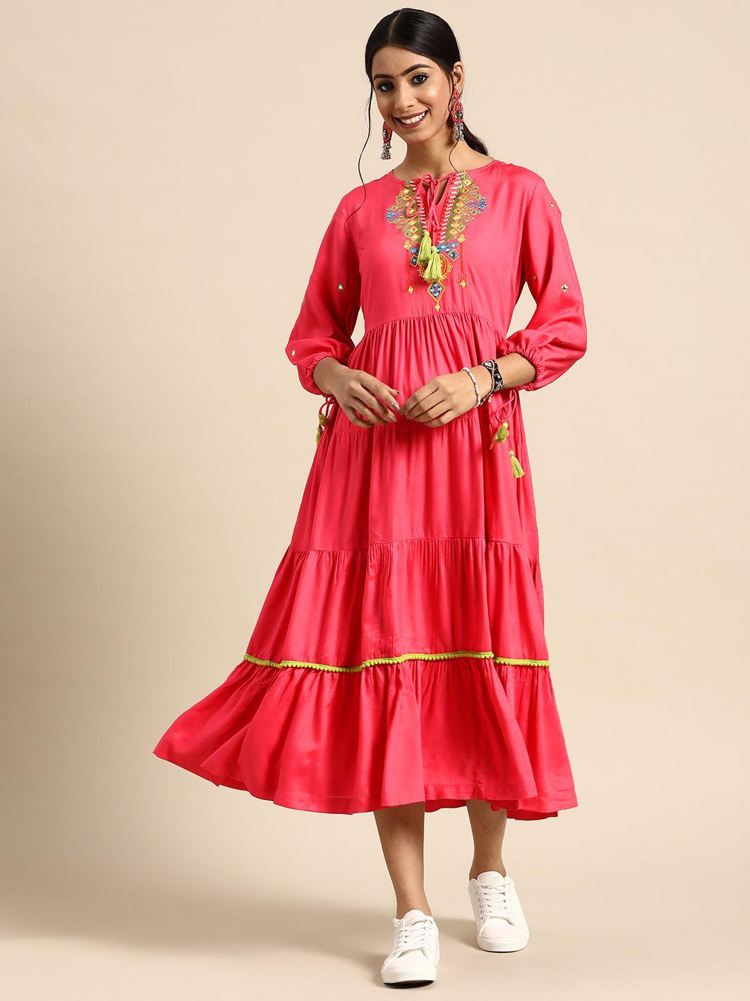 sangria women coral pink solid tiered a-line ethnic dress