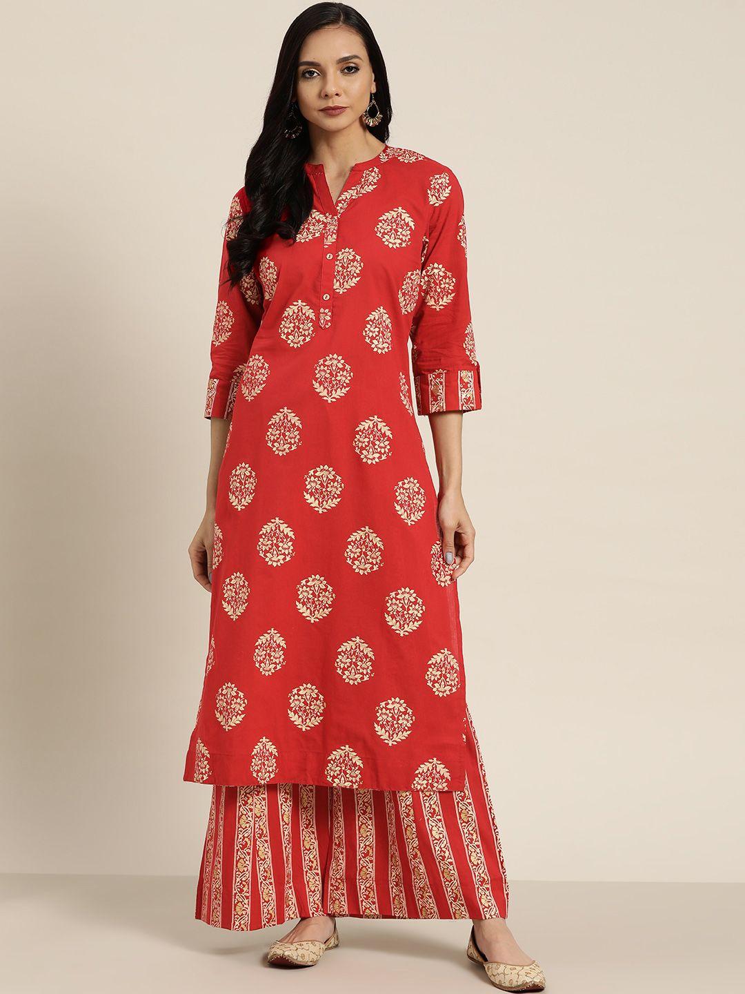 sangria women coral red & cream-coloured cotton printed kurta with palazzos