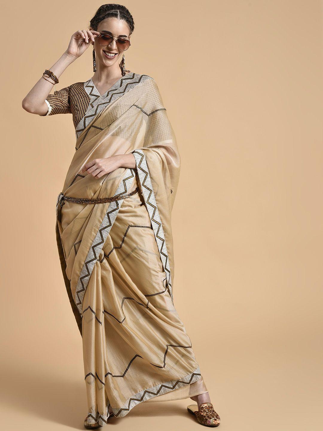 sangria women cream-coloured & black striped embroidered pure chiffon saree