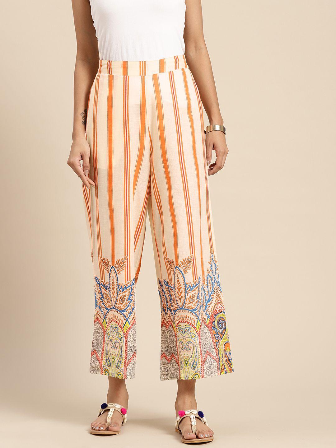 sangria women cream-coloured & orange striped cropped ethnic wide leg cotton palazzos