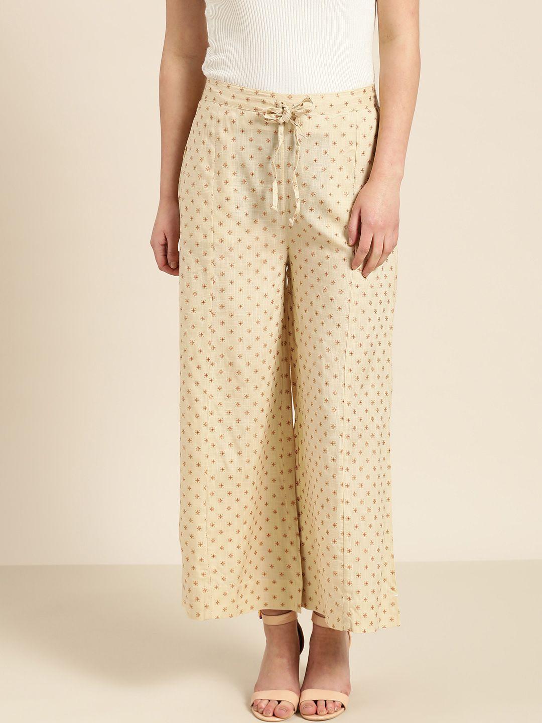 sangria women cream-coloured & red printed straight palazzos