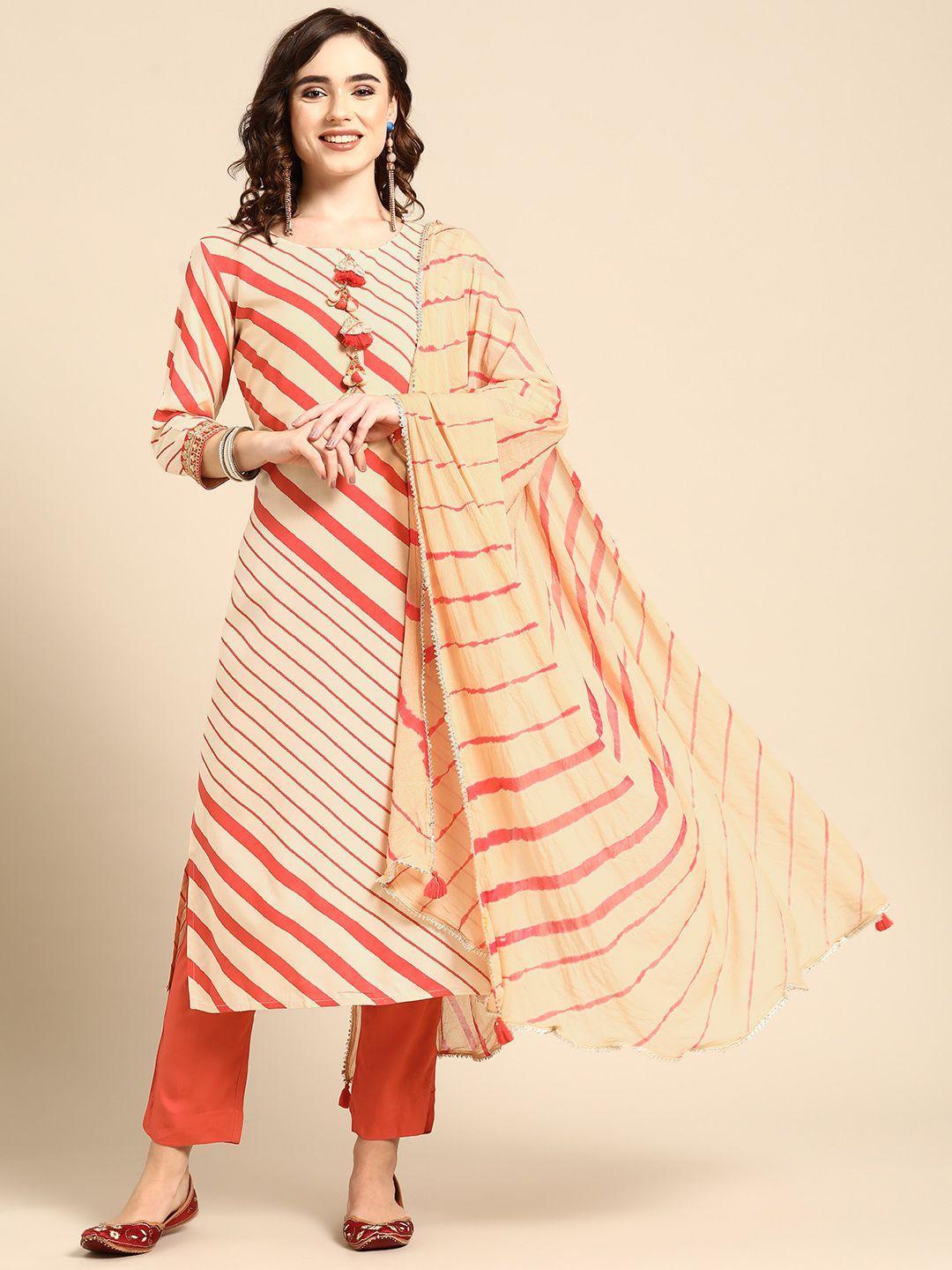 sangria women cream-coloured leheriya striped kurta with trousers & with dupatta