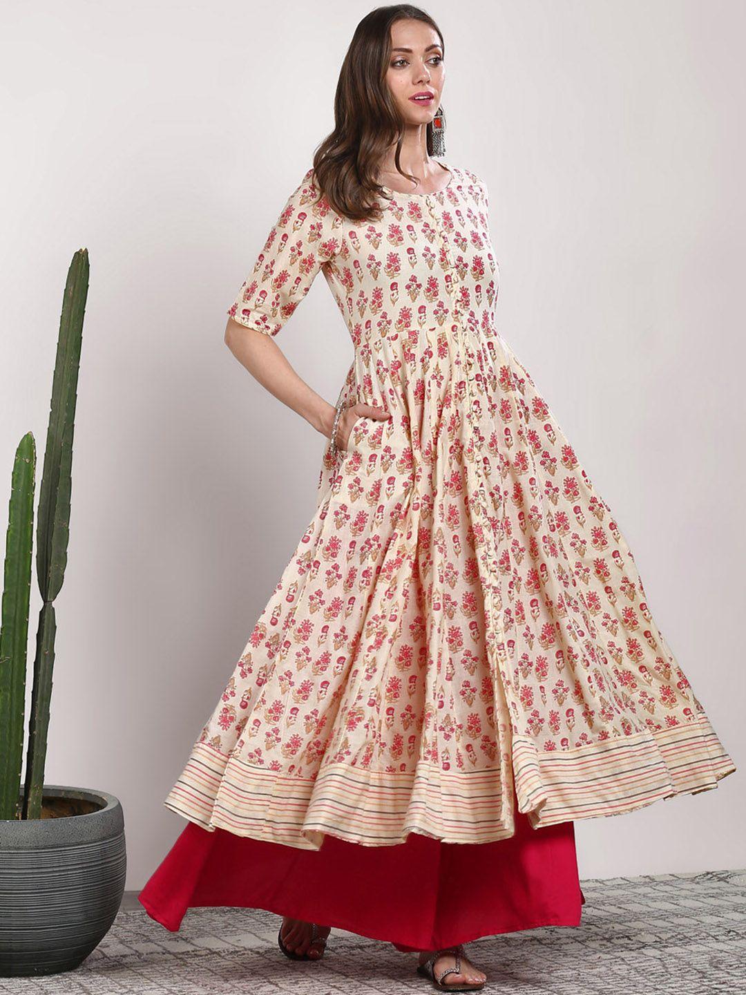 sangria women cream-coloured printed anarkali kurta