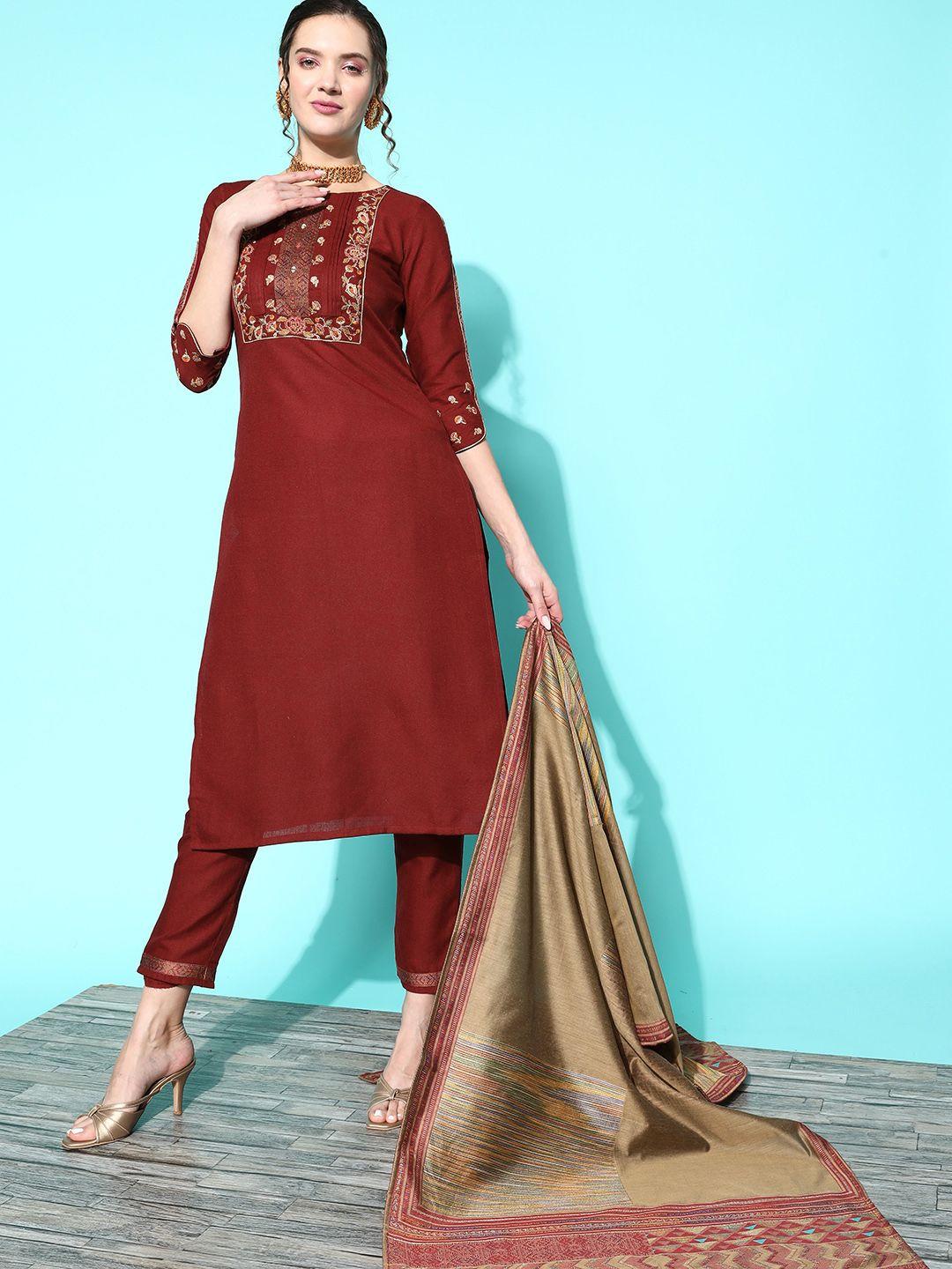 sangria women embroidered mirror work kurta with trousers & with dupatta