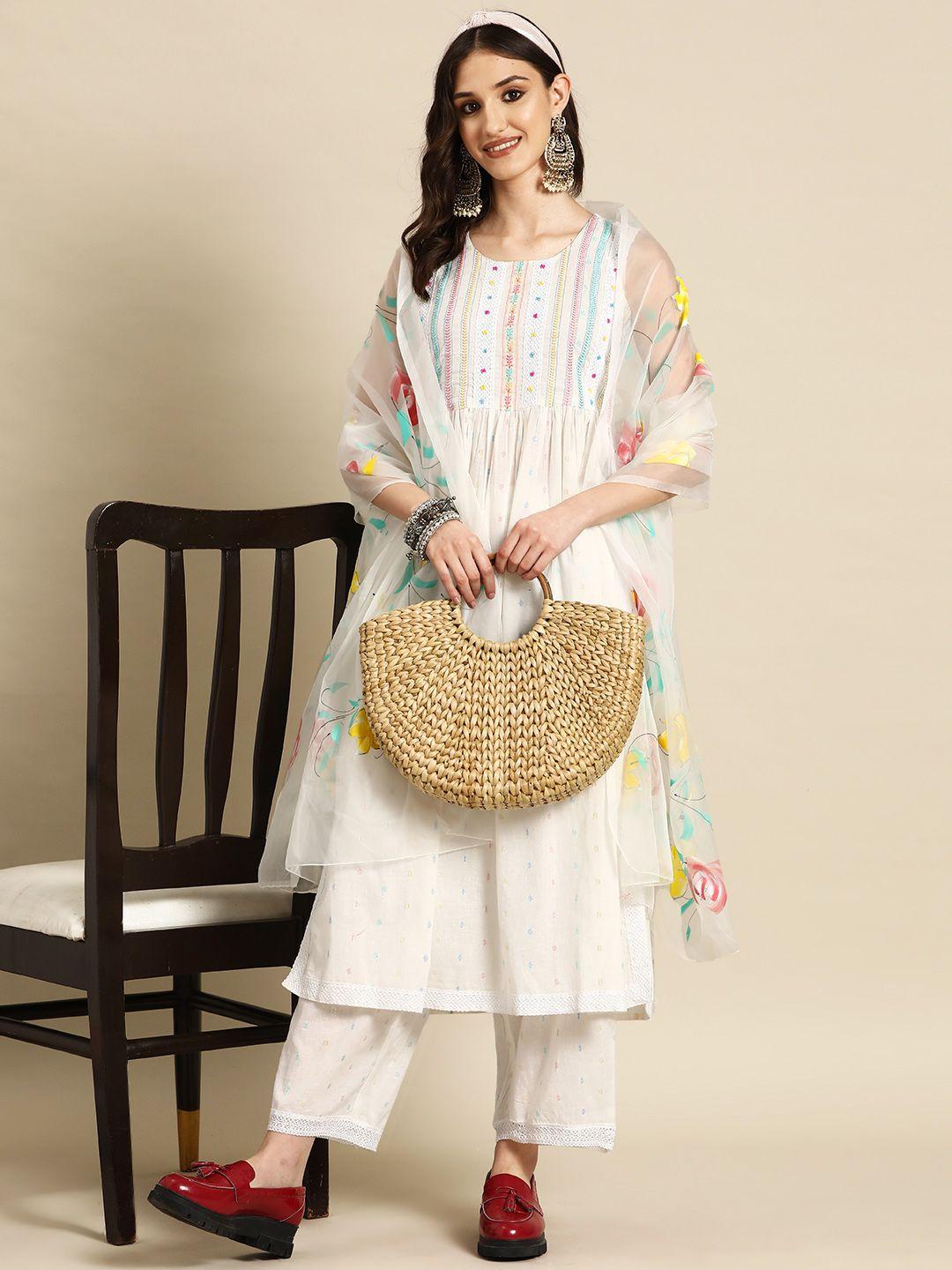 sangria women embroidered thread work pure cotton kurta with palazzos & with dupatta