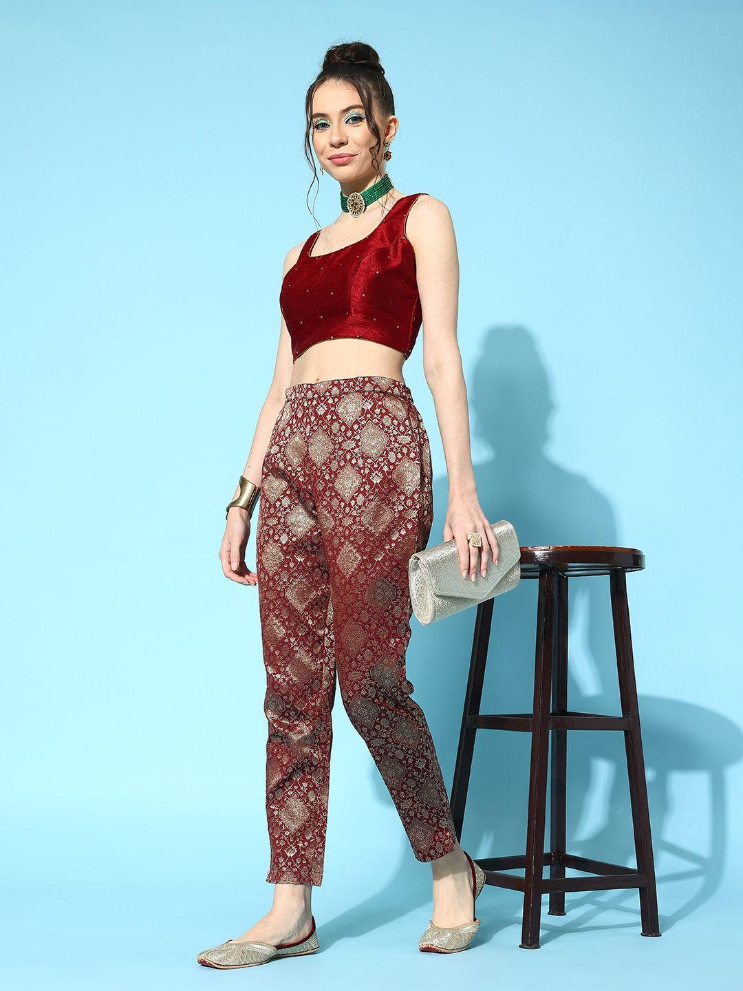 sangria women ethnic motifs embroidered relaxed tapered fit easy wash jacquard trousers