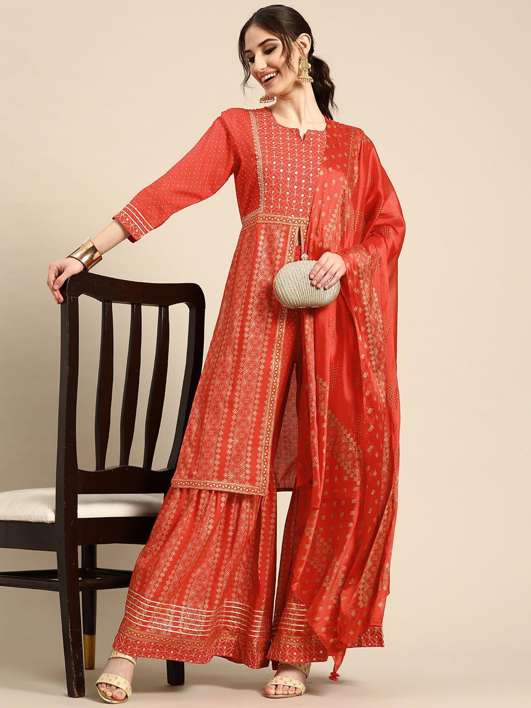 sangria women ethnic motifs embroidered sequinned kurta with sharara & with dupatta