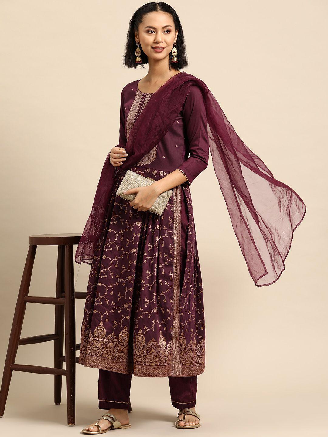 sangria women ethnic motifs pleated chanderi silk kurta with trousers & dupatta