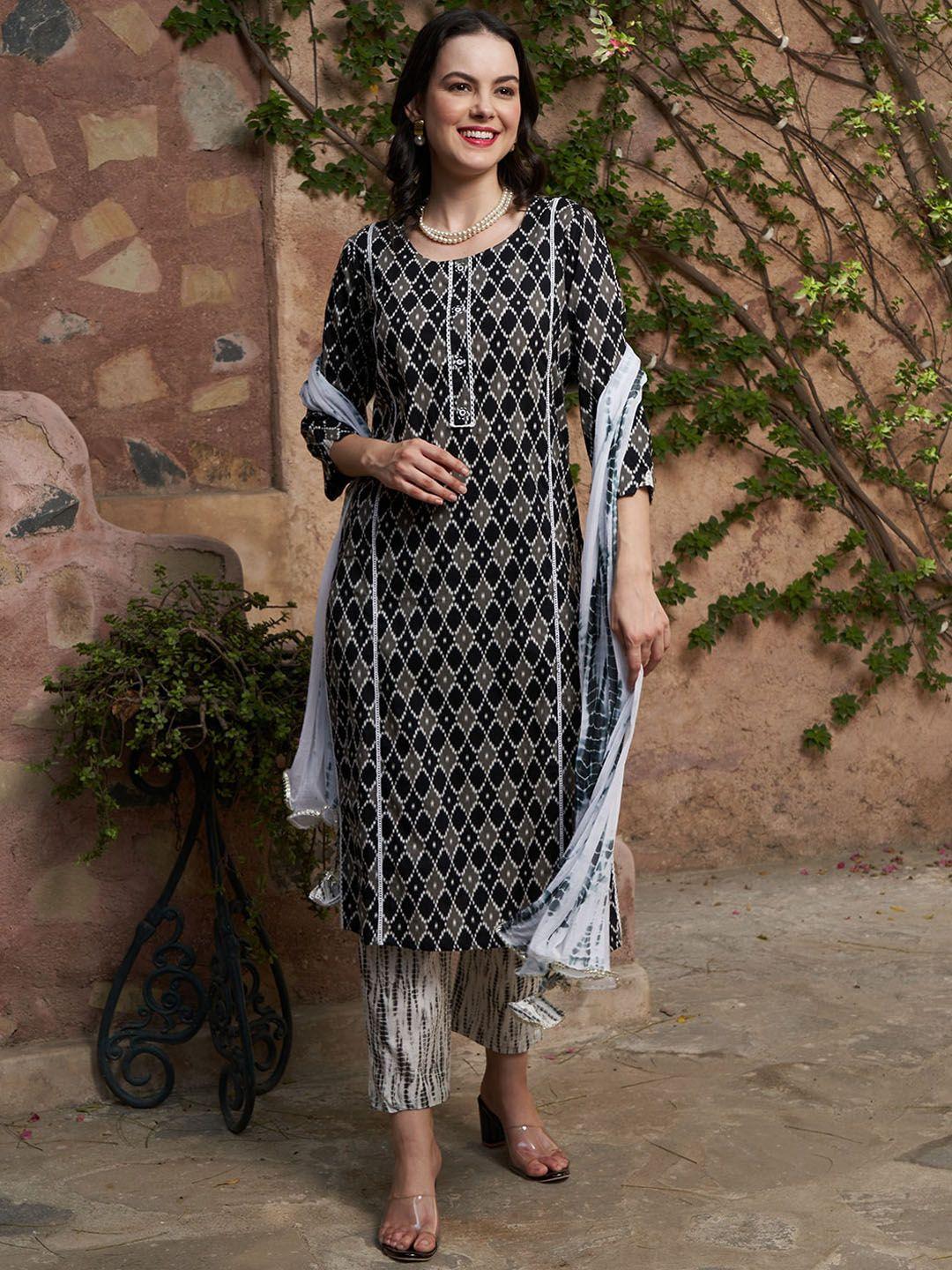 sangria women ethnic motifs print regular mirror work cotton kurta with trousers & dupatta