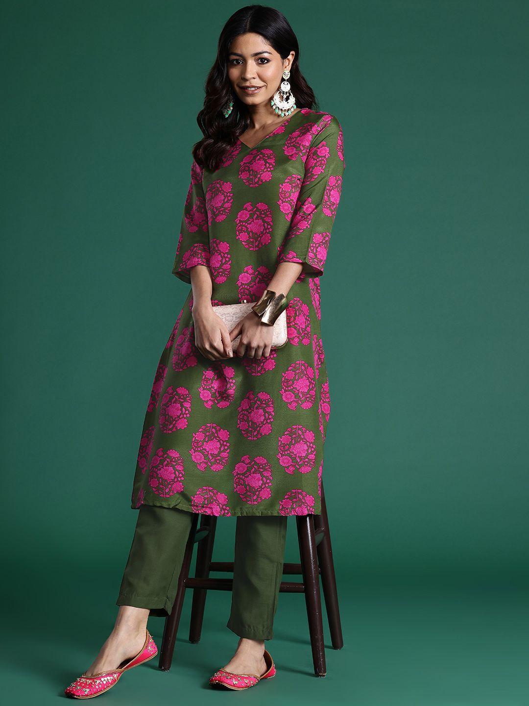 sangria women ethnic motifs printed a-line kurta with trousers