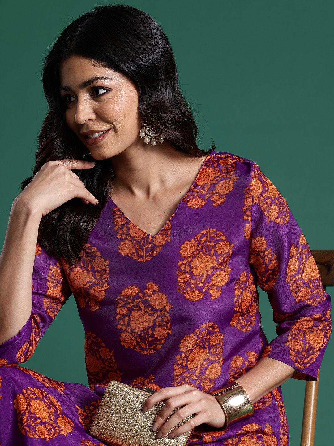 sangria women ethnic motifs printed a-line kurta with trousers