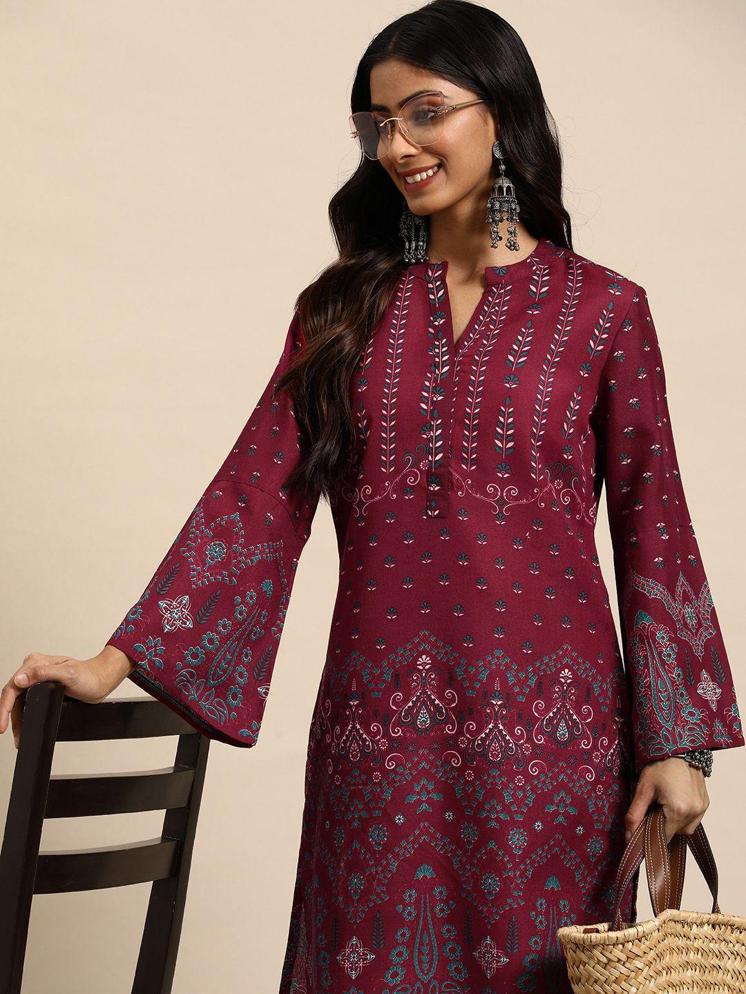 sangria women ethnic motifs printed flared sleeves straight kurta