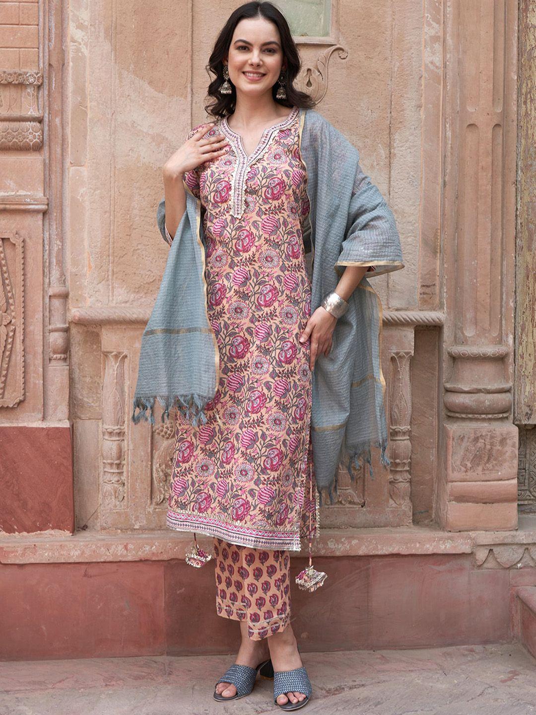 sangria women ethnic motifs printed gotta patti pure cotton kurta with trousers & dupatta