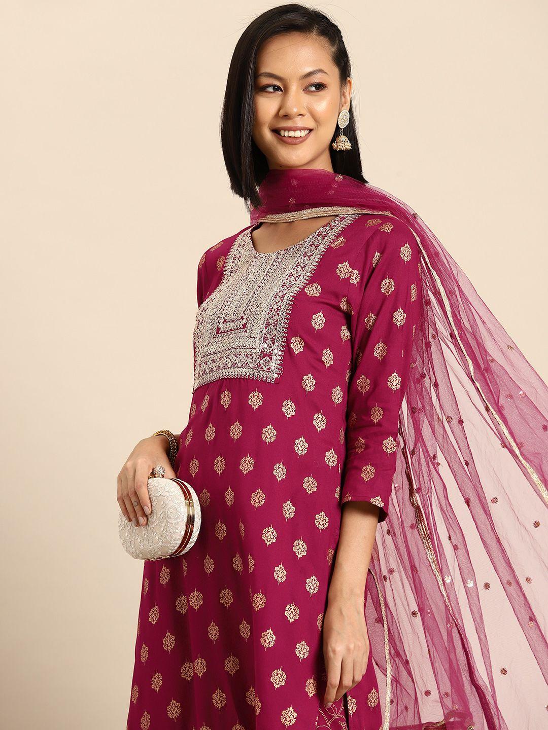 sangria women ethnic motifs printed kurta with trousers & dupatta