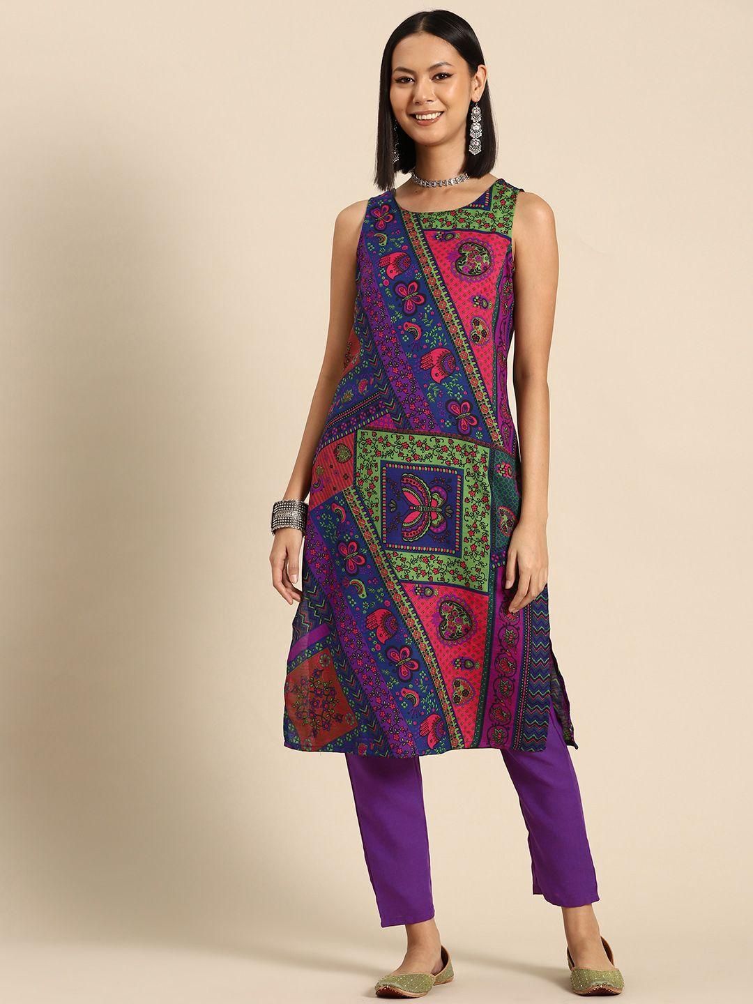 sangria women ethnic motifs printed kurta with trousers