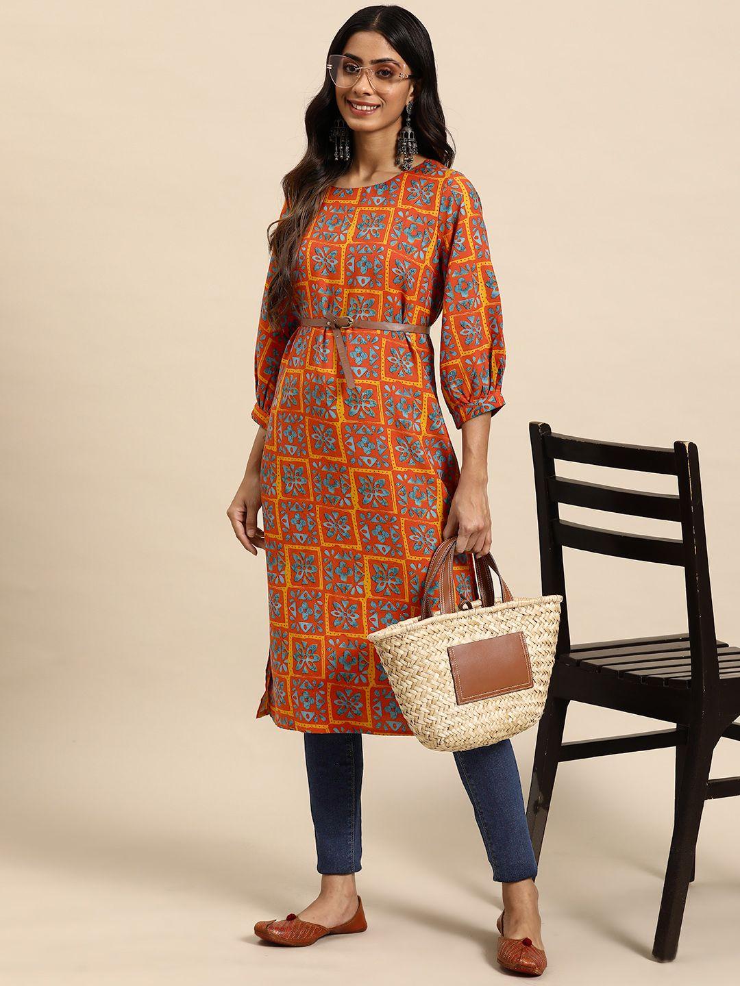 sangria women ethnic motifs printed puff sleeves straight kurta