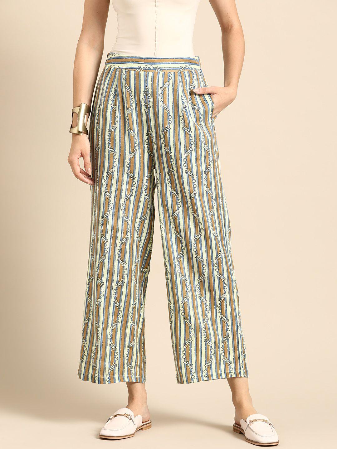 sangria women ethnic motifs printed striped flared trousers