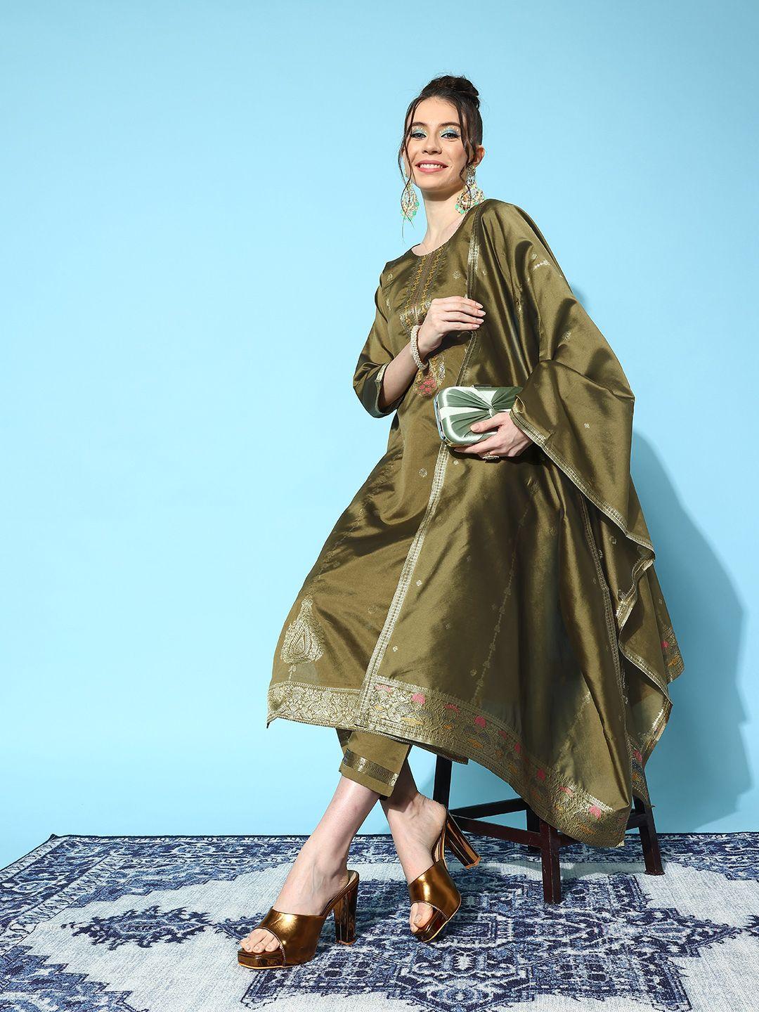 sangria women ethnic motifs yoke design chanderi silk kurta with trousers & dupatta