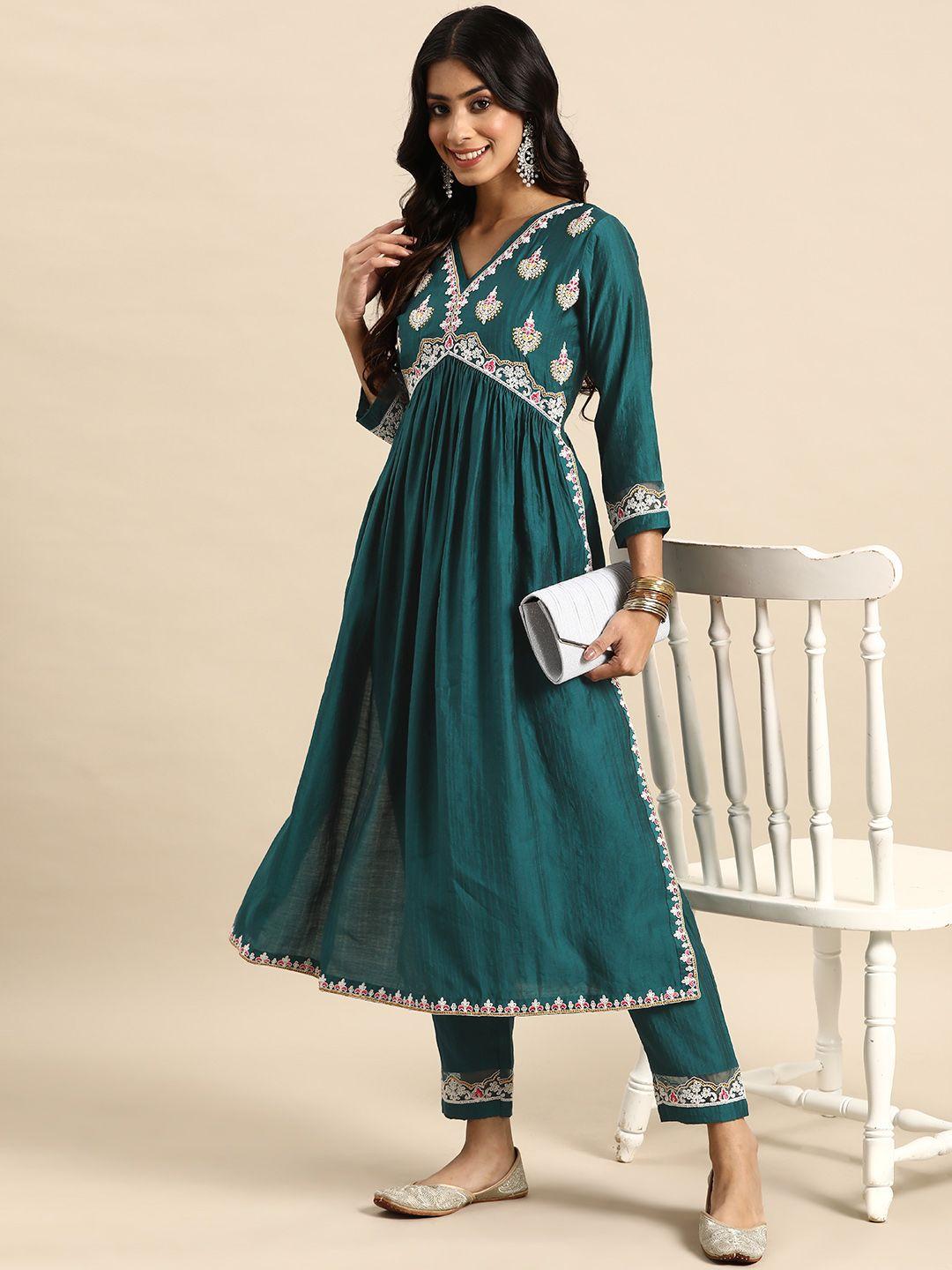 sangria women ethnic motifs yoke design pleated thread work kurta with trousers