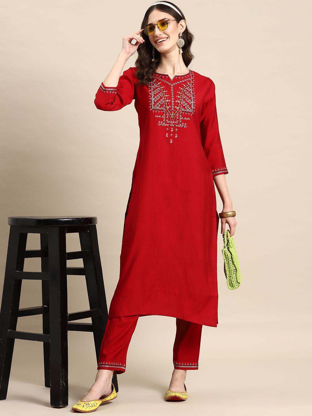 sangria women floral embroidered regular thread work kurta with trousers