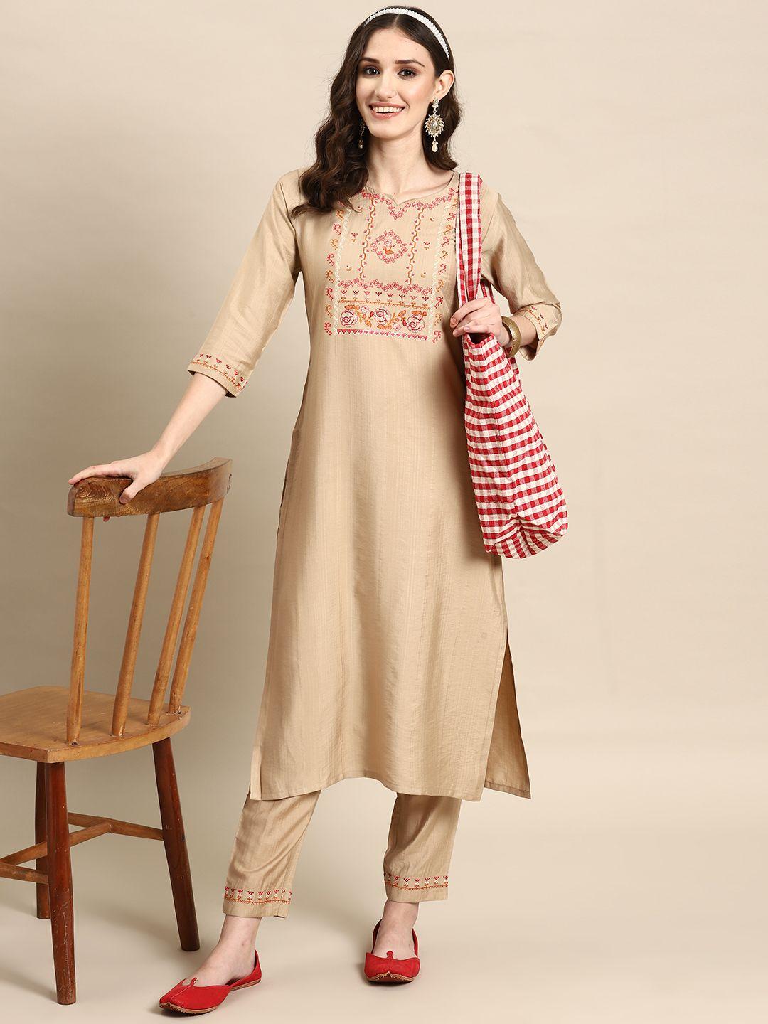 sangria women floral embroidered regular thread work kurta with trousers