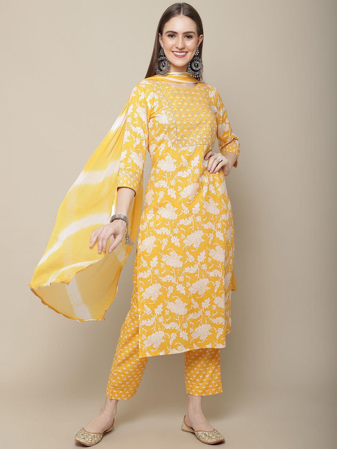 sangria women floral printed pure cotton kurta with trousers & with dupatta