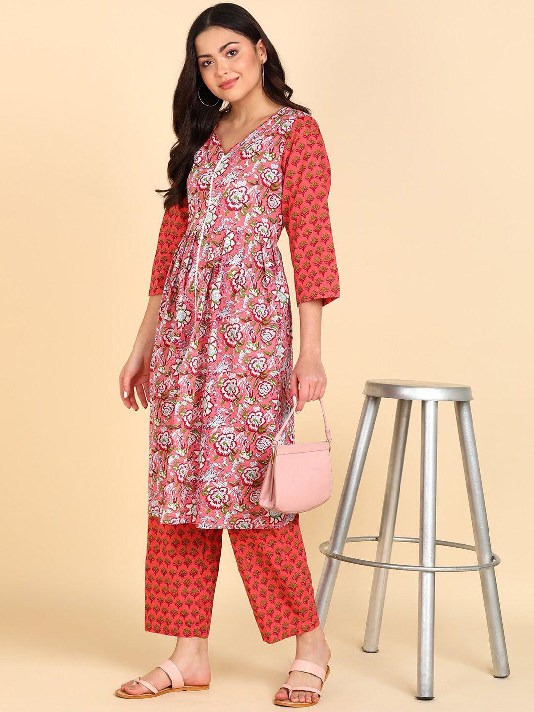sangria women floral printed v neck pure cotton kurta with trousers