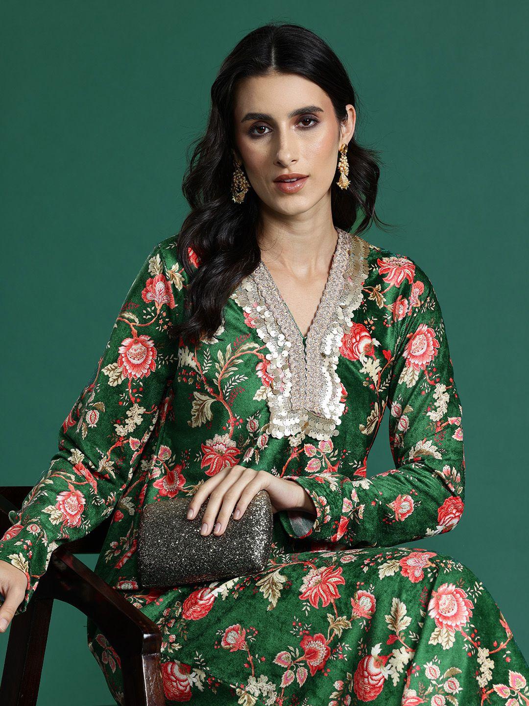 sangria women floral printed velvet sequinned kurta