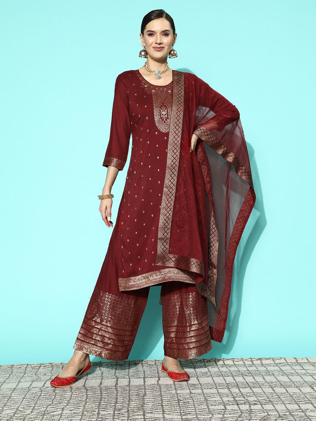 sangria women floral yoke design regular kurta with palazzos & with dupatta