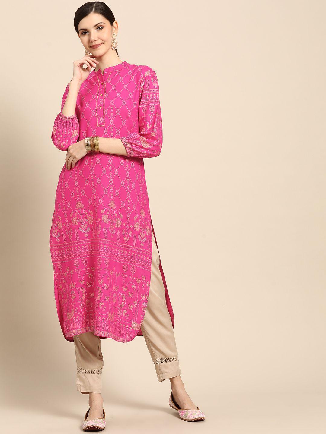 sangria women fuchsia & golden ethnic motifs printed kurta