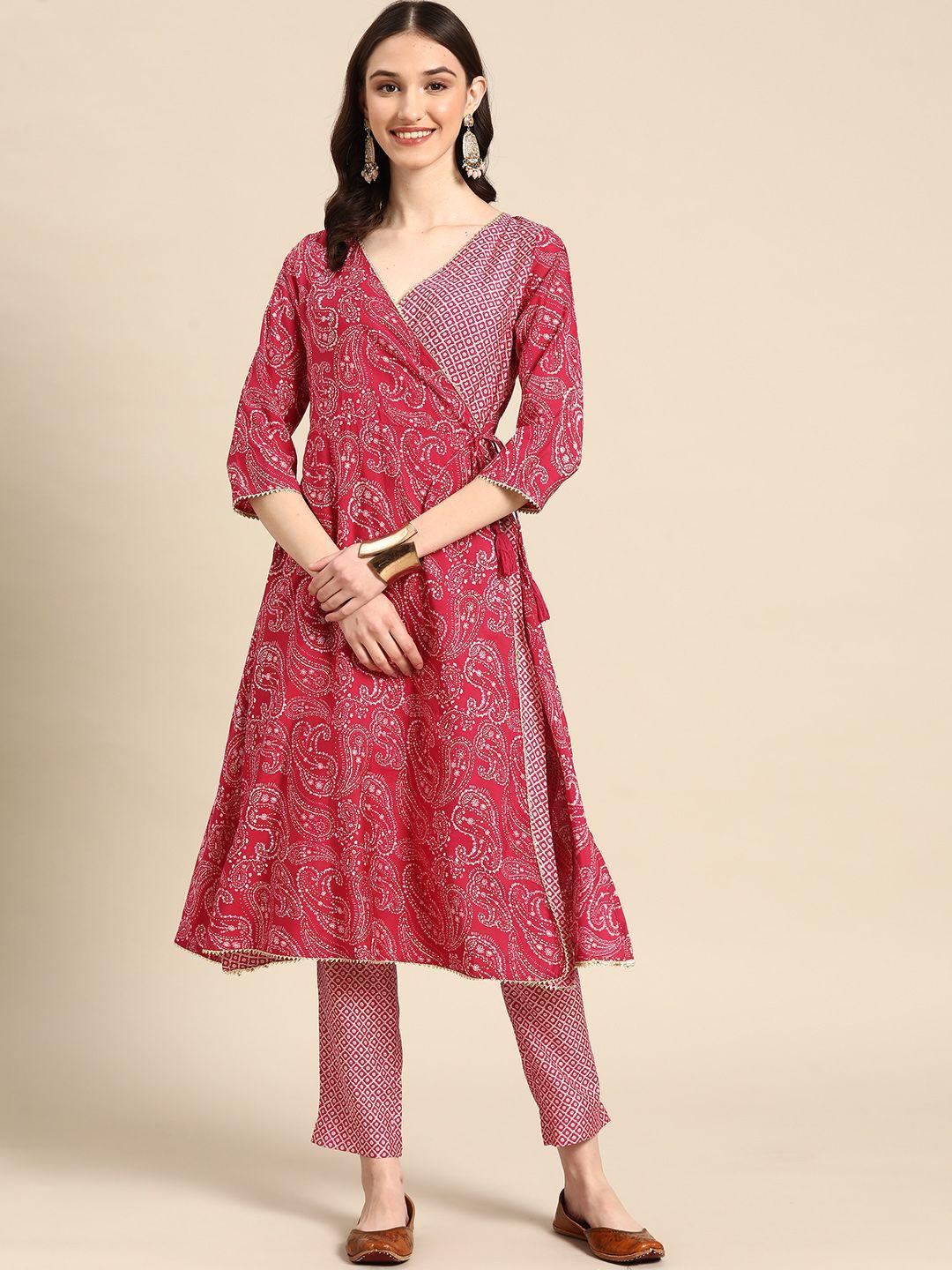 sangria women fuchsia ethnic motifs printed angrakha gotta patti kurta with trousers