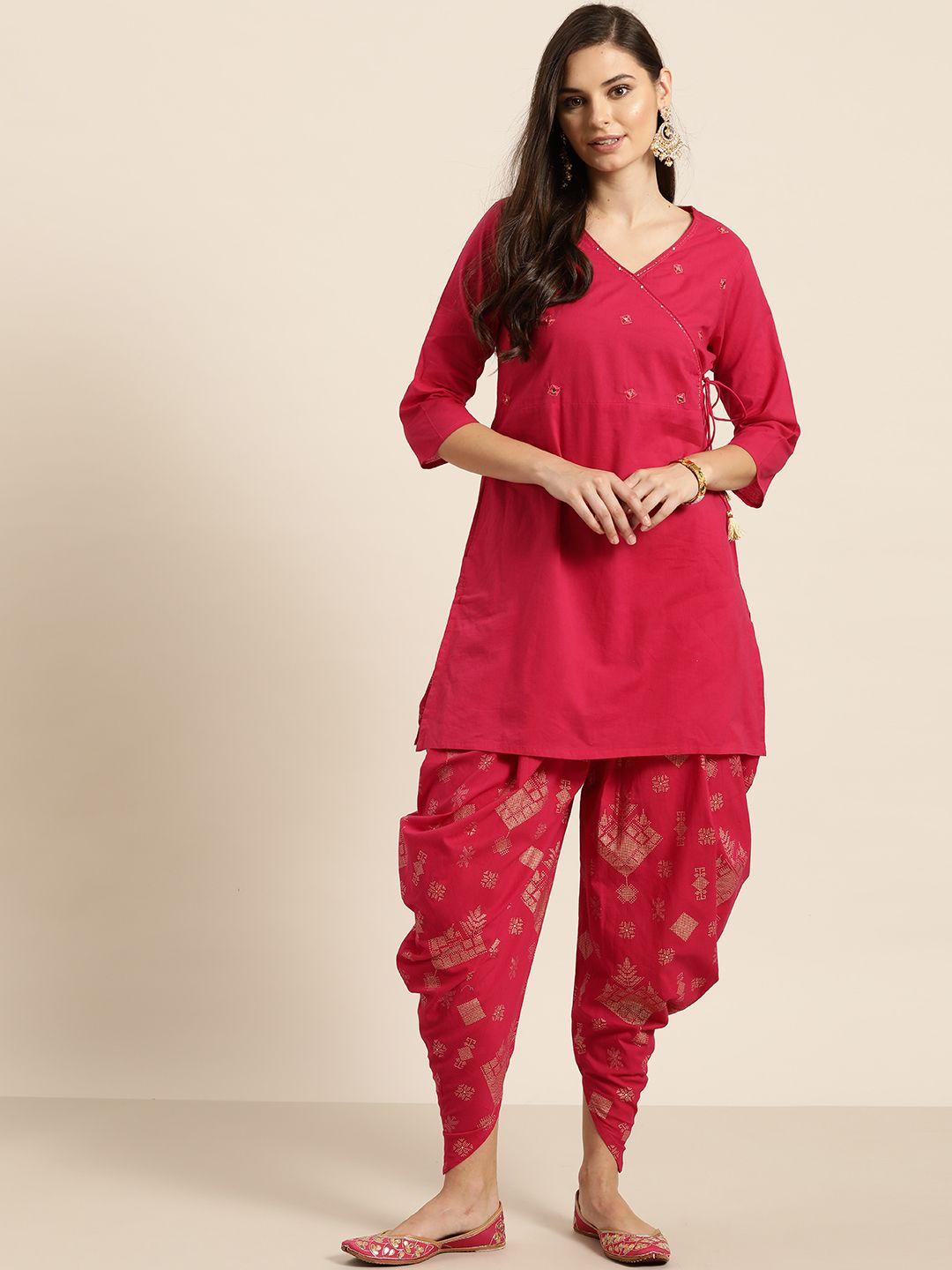 sangria women fuchsia pink & golden pure cotton solid kurta with printed dhoti pant