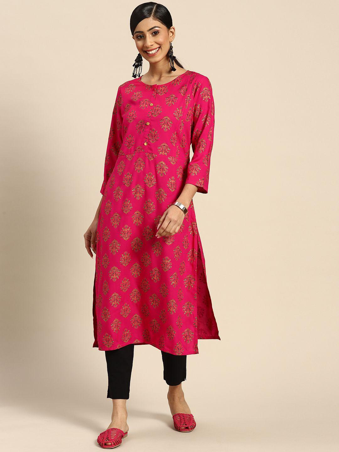 sangria women fuchsia pink & navy blue ethnic motifs printed kurta