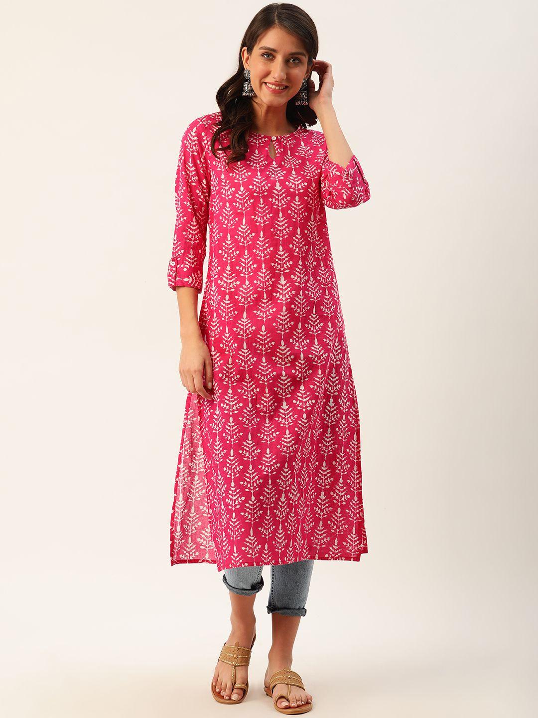 sangria women fuchsia pink & white printed pure cotton straight kurta