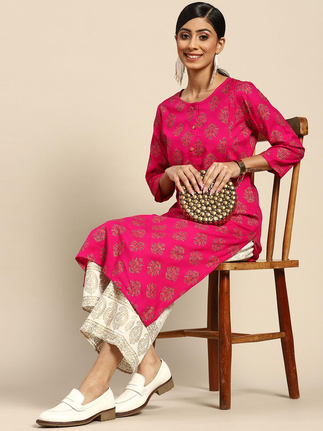 sangria women fuchsia pink ethnic motifs printed kurta with palazzos